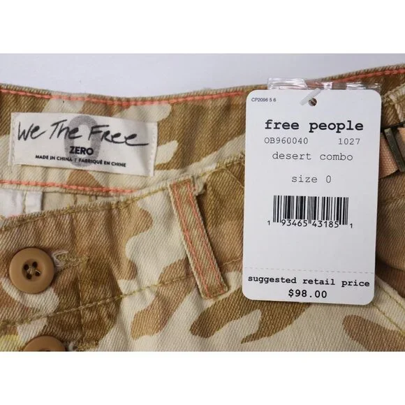 NWT Free People Commander Cut Off Desert Camo Denim Jean Short Tan Camouflage 0